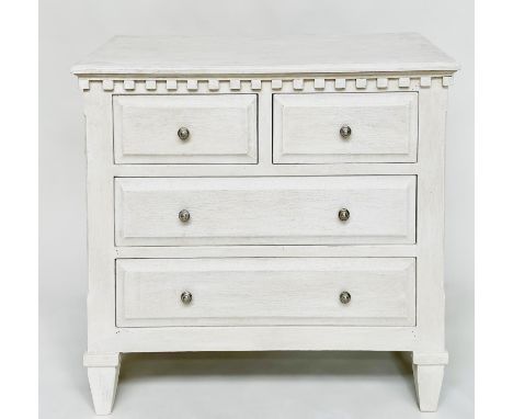 COMMODE, Gustavian style traditionally grey painted with four drawers, 108cm x 48cm D x 95cm.