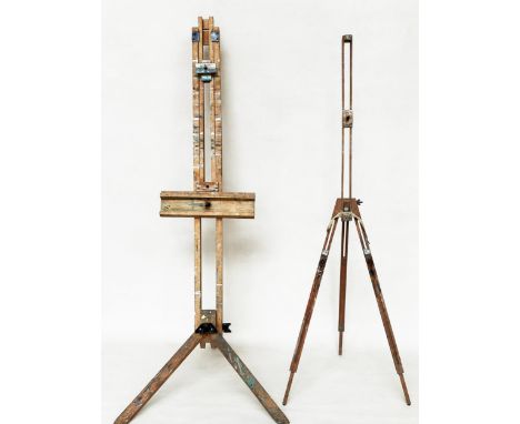 ARTISTS EASEL BY WINSOR AND NEWTON, LONDON, two vintage fully adjustable and folding, one smaller, both stamped, 172cm H appr