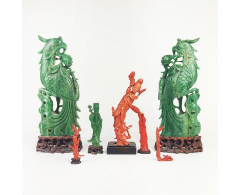 BOWENITE JADE CARVED FIGURES, a pair, Chinese plus a various carved miniature figures, highest 35cm H. (6)