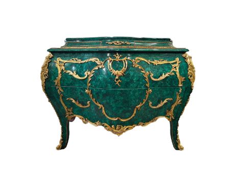 BOMBE COMMODE, faux malachite finish with two drawers and gilt ormolu mounts, 91cm H x 132cm x 68cm.