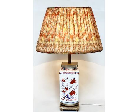 TABLE LAMP, Chinese ceramic with silvered mounts and wooden base (with shade), 80cm H.