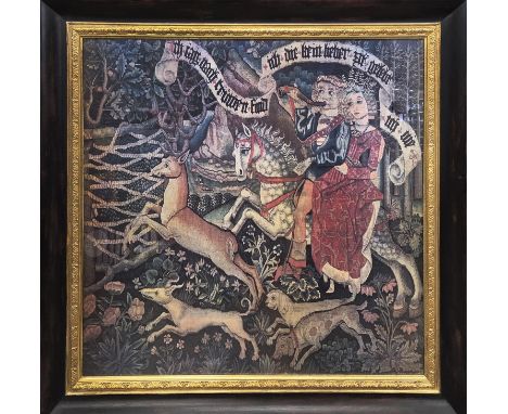 HUNTING SCENE TAPESTRY PRINT, purchased from the Trowbridge Gallery, 113cm x 121, framed.