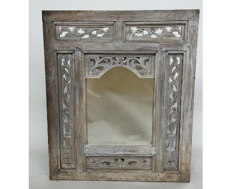 INDIAN WALL MIRROR, vintage arched plate with pierced bleached hardwood frame, 60cm W x 70cm H.