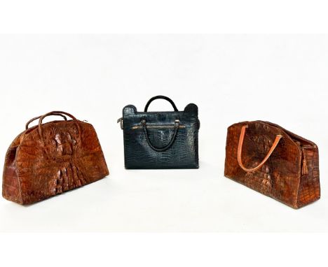 HANDBAGS, a vintage top zip, black crocodile model together with two vintage brown crocodile examples. (3)