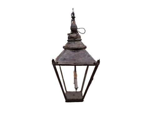 A LARGE 19TH CENTURY STYLE LANTERN LIGHT, of square tapered form, 90cm H.