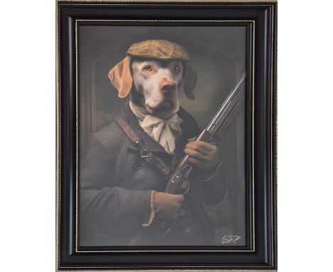 CONTEMPORARY DOG PRINT, dressed as a hunter, framed and glazed, 107cm H x 76cm W.