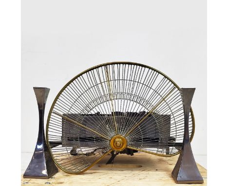 STEEL FIRE DOGS, a pair, 36cm H x 46cm, an iron grate 64cm W x 31cm and a brass fire guard, 42cm H x 60cm. (4)