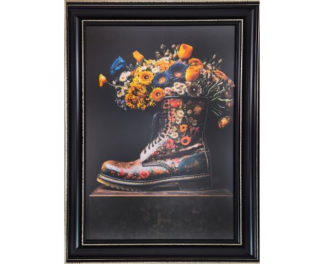 CONTEMPORARY SCHOOL PRINT, bouquet of flowers in a boot, framed and glazed, 107cm H x 76cm.