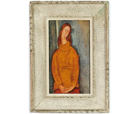 AFTER MODIGLIANI, Portrait of a Young Girl in Yellow Jumper, signed in the plate quadrichrome 1947, French vintage frame.