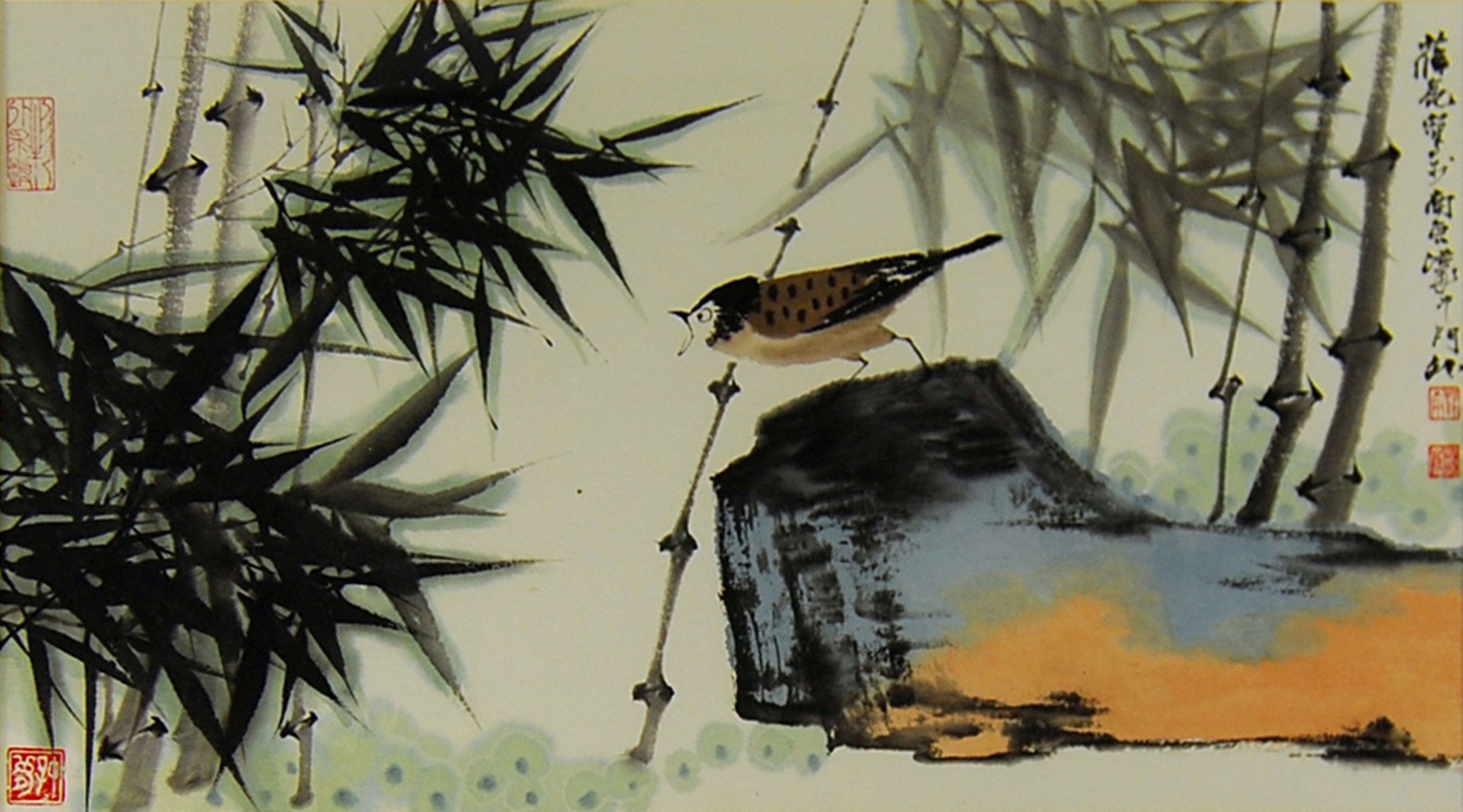 Xue Liang, Chinese, (b. 1956) Little bird on a rock in a bamboo grove