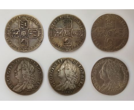George II Sixpence, 1746, Lima below & two others 1758, (3)   Condition Report   Click here for further images, condition, au