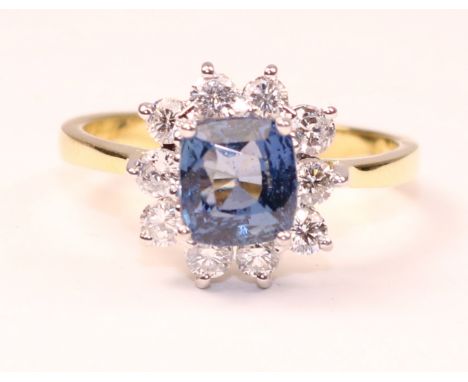 18ct cushion cut sapphire and diamond cluster ring - sapphire approx 2 carat   Condition Report   Click here for further imag