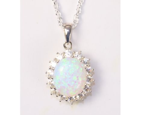 Opal cluster silver pendant necklace stamped 925   Condition Report   Click here for further images, condition, auction times