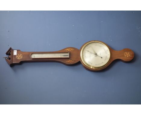 George III mahogany barometer, broken arch pediment, turned brass finial, inlaid with shells and sylised flower heads, signed
