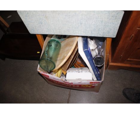 A box of various sundries to include; place mats; kitchenalia; plated ware; Nao model etc