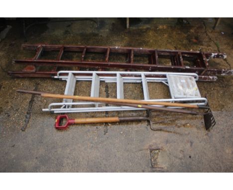 A wooden step ladder; an aluminium step ladder and three gardening tools 