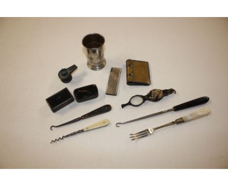 Two Victorian snuff boxes; a pair of 19th Century horn lorgnettes; button hooks folding cups etc.