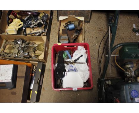 Two boxes of various tools to include planes and a vice