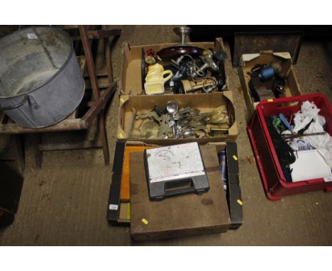 Three boxes of various ornaments, candelabra, brass items, brass dinner gong, tools and a tool box etc.