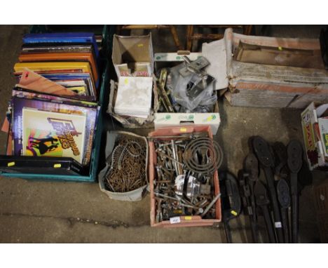 Five boxes containing various; nails; bolts; door fittings; plumbers fittings; tiles and a small bench vice