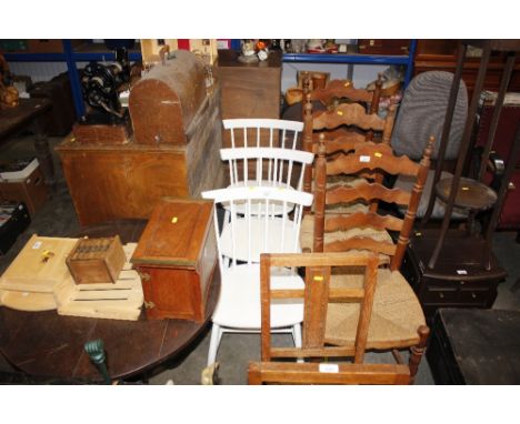Three white painted stick back chairs 