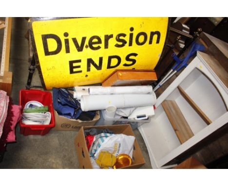 Four boxes containing first aid box; crutches; blue and white china; Diversion ends sign etc