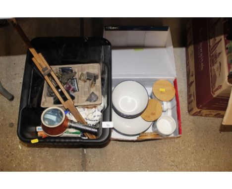 A box of miscellaneous items to include playing cards, lighters etc.; and a box of various pottery dinnerware 