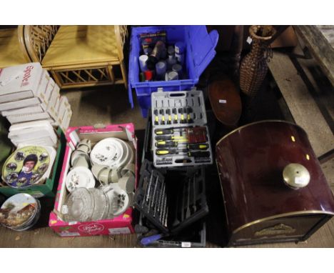 Three boxes containing various tools; spray paints; screwdriver sets etc.