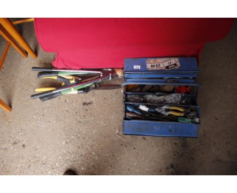 A Cantilever toolbox and contents together with a quantity of garden tools 