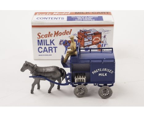 A Debo Toys Milk Cart, scale model reproduction of the early Lesney toy, in blue with horse, driver and one original milk cra