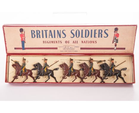 Britains set 217 Argentine Cavalry, ROAN box, figures and box G repainted to fair standard, sousaphone players with replaceme