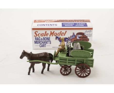 A Debo Toys Rag & Bone Merchants Cart, scale model reproduction of the early Lesney toy, in green with horse, driver and seve