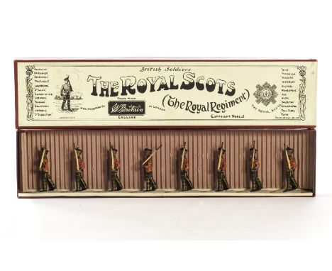 Britains set 212 The Royal Scots, 1920 version, in slotted Whisstock box, generally G, 2 F, box VG 1 side drummer repainted, 