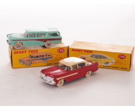 Dinky Toys American Cars, 173 Nash Rambler in light blue with red stripe and grey hubs, 174 Hudson Hornet Sedan in two tone l