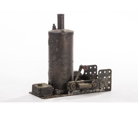 A Meccano Vertical Steam Engine circa 1929, on base with forward and reverse lever, fuel tank and solid flywheel, F, requires