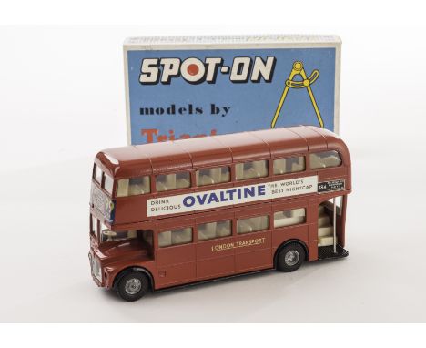 A Tri-ang Spot-On 145 L.T Routemaster Bus, red body, black chassis, 2nd type transfer print radiator on plastic background, i