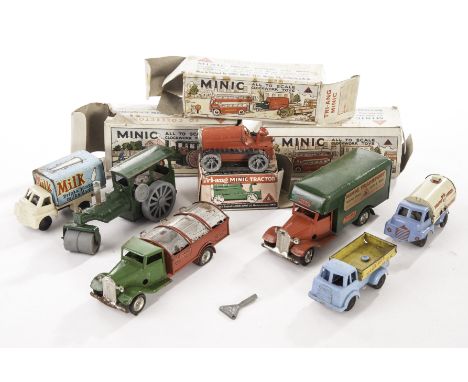 Tri-ang Minic and Wells Brimtoy Tin Vehicles: Minic, 21M Transport Express Services Van, red cab, green back, 32M Dust Cart, 