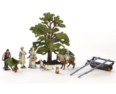 Britains pre WWII farm figures and animals, including roller, goslings, gardener and wheelbarrow etc, G-VG, 4 items P, with a