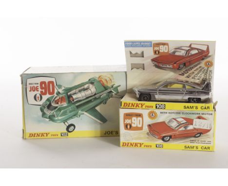 Joe 90 Dinky Toys, 102 Joe's Car, metallic green, red driver and engine thruster, 108 Sam's Car, chrome body, lemon interior,