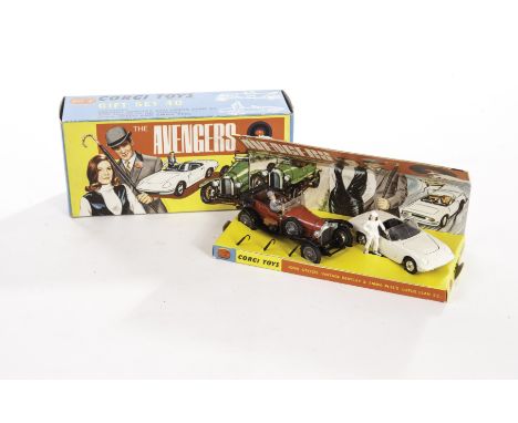 A Corgi Toys Gift Set No.40 The Avengers, comprising John Steed's Bentley, red body, Emma Peel's Lotus Elan, Steed and Emma P