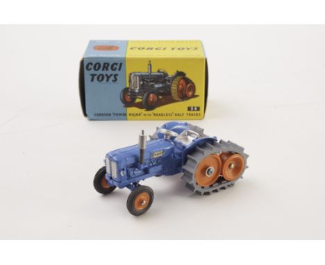 A Corgi Toys 54 Fordson Power Major Tractor, with Roadless Half Tracks, blue body, orange rollers, grey tracks, in original b