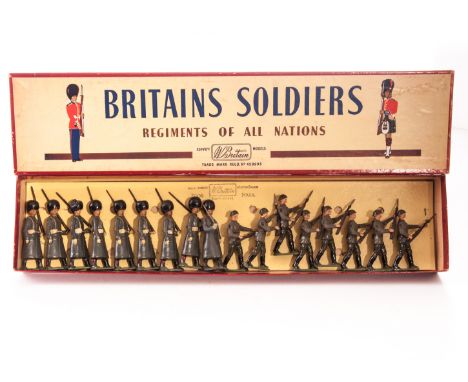 Britains set 312 Grenadier Guards in Winter Overcoats, ROAN box, 8 ORs not matching otherwise F-G, box G, unboxed set 2032, R