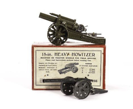 Britains 18inch Heavy Howitzer mounted on tractor wheels, set 1266, VG in VG box, and early, dark grey, bent elevation arm ve