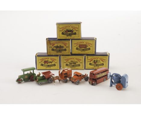 Moko Lesney Matchbox 1-75 Series Vehicles, No. 1 Road Roller, No. 2 Muir Hill Dumper, No. 3 Cement Mixer, No. 5 London Bus, '