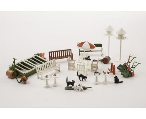 Britains Floral Miniature Garden, including Bird Bath (2), Cats (4), Patio Furniture Set, Bench (2), Lawn Mower (2), Garden R