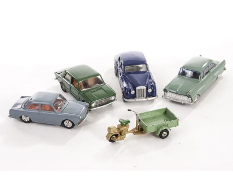 A Mercury No.29 Rolls-Royce Silver Shadow, Tekno 823 Taunus 17 M, Mebetoys A-75 Fiat 124, Gama VW 1500, Dalia 1397 Delivery T