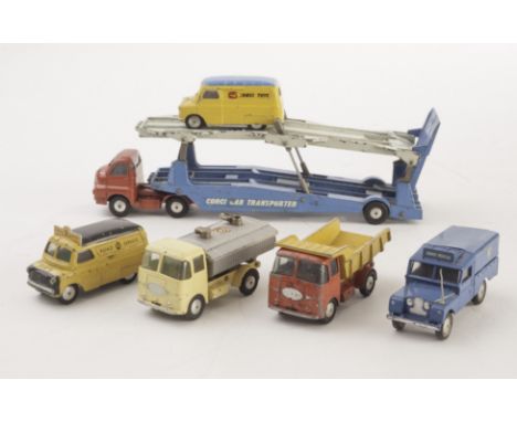 A Corgi Toys 422 Bedford 'Corgi Toys' Van, 408 Bedford 'AA' Van, 406 RAC Land Rover, 464 Commer Police Van, 50 Massey-Ferguso