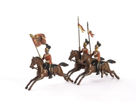 Britains 'rocking horse' cavalry from set 44, troopers (4), officer and standard bearer, F-G (6) bass drummer with both arms 