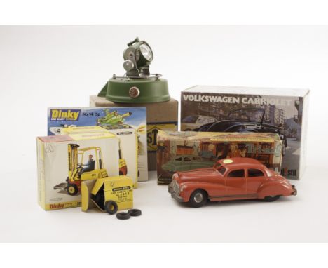 Various Diecast & Toys, Dinky Toys 404 Conveyancer Fork Lift Truck (2), 667 One Dozen Tyres, Astra Search Light, Polistil VW 