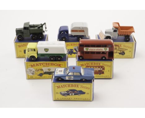 Matchbox 1-75 Series, 55 Police Patrol Car, 5 Routemaster, 25 BP Tanker, 15 Refuse Truck, 16 Snowplough, 64 Scammell Break-Do